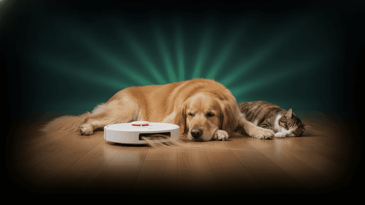 Robô aspirador limpando pelo de cachorro e gato no chão — melhores modelos para pet em 2026