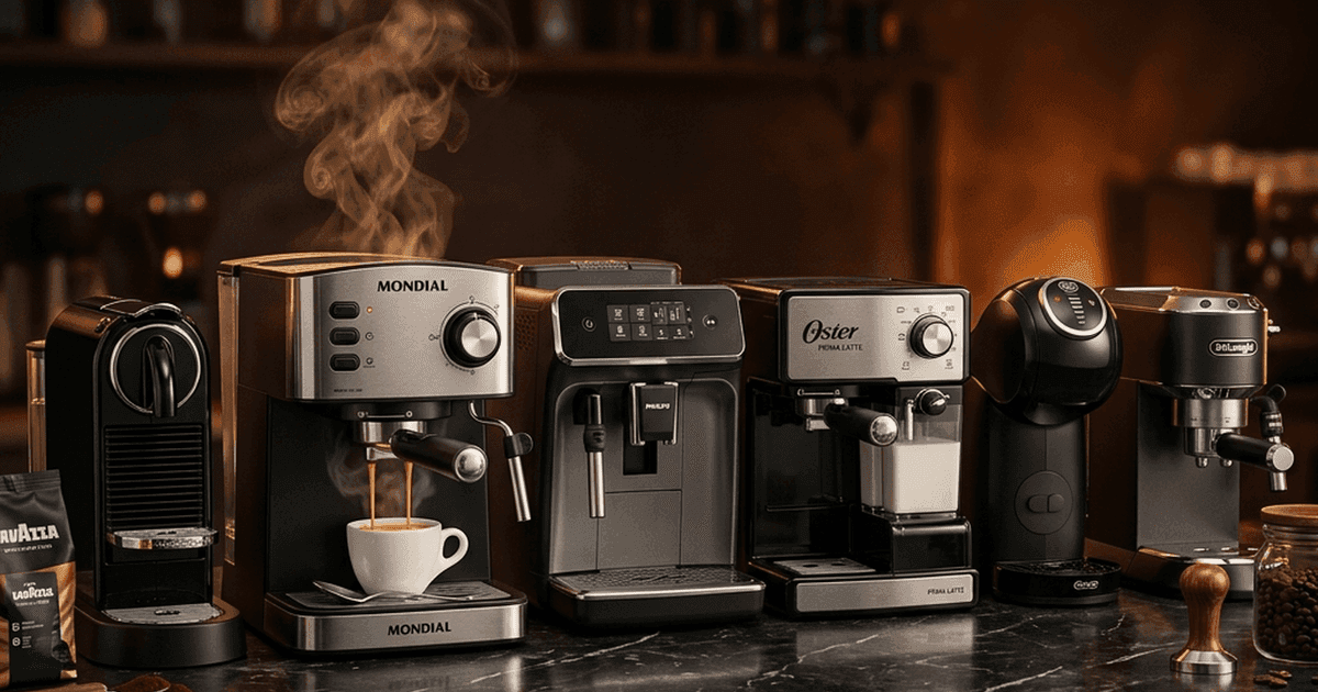 6 cafeteiras espresso testadas pela equipe Buskando em 2026 — Nespresso, Mondial, Philips, Oster, Dolce Gusto