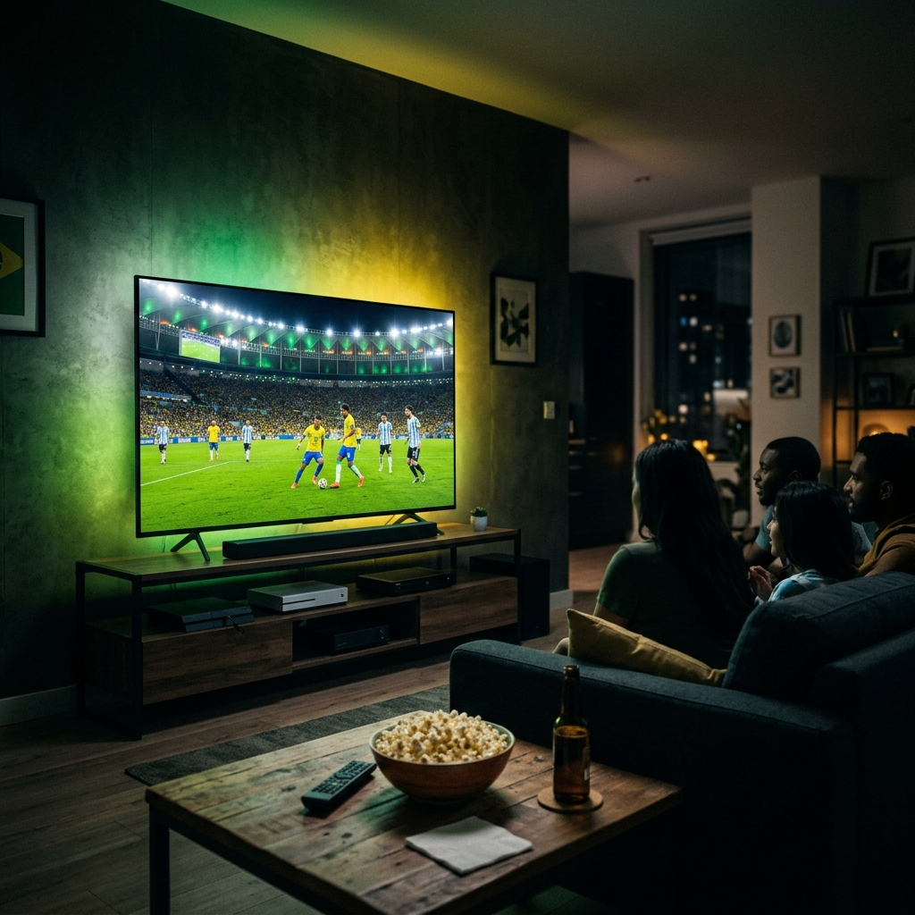 Sala de estar com TV 4K exibindo jogo de futebol da Copa do Mundo 2026