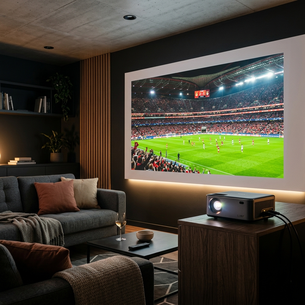 Projetor exibindo jogo de futebol em tela de 120 polegadas para assistir à Copa 2026 em casa