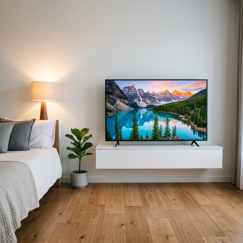 Smart TV 43 polegadas 4K em quarto moderno — melhor TV 43 polegadas de 2026