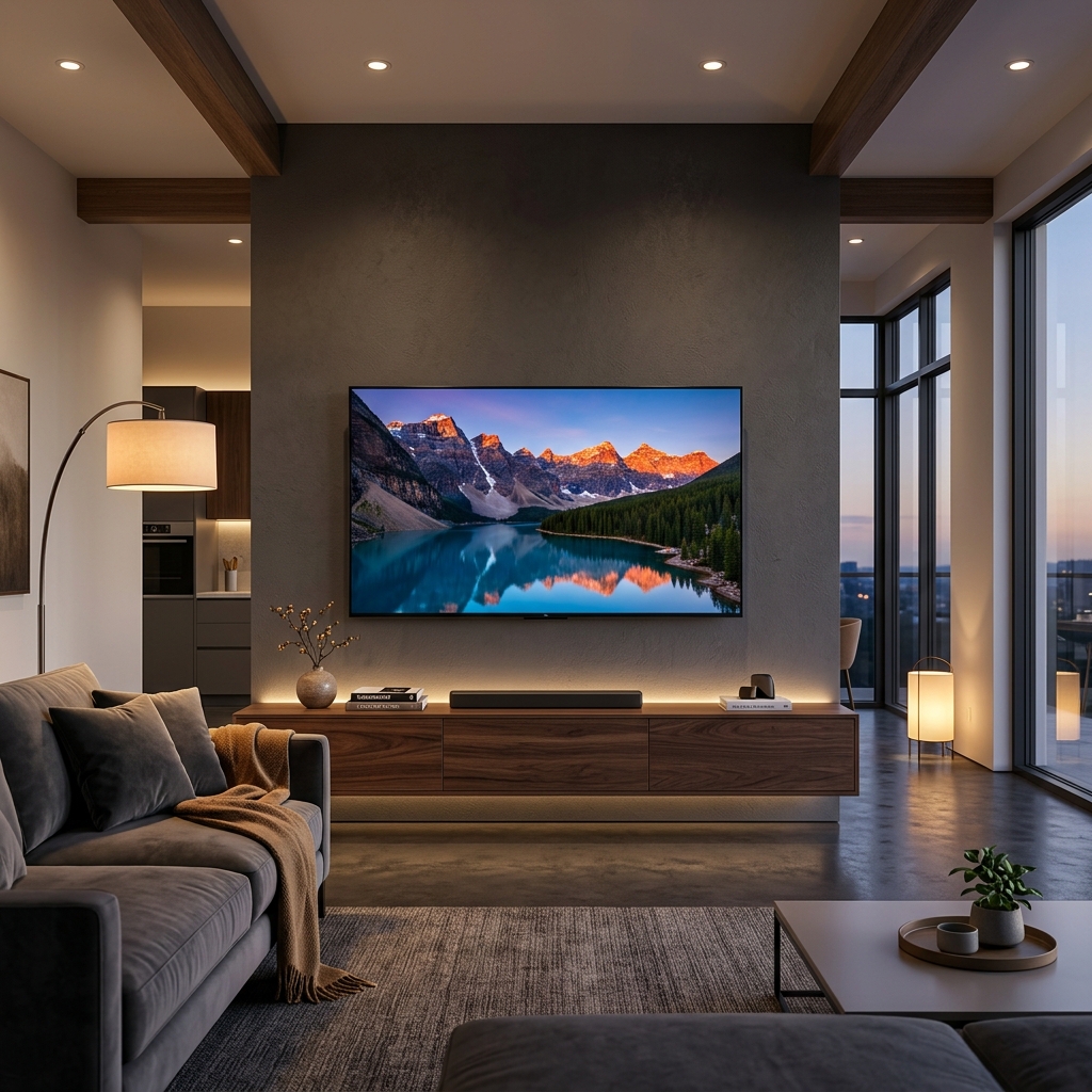 TV 65 polegadas 4K QLED em sala de estar moderna — melhor TV grande de 2026