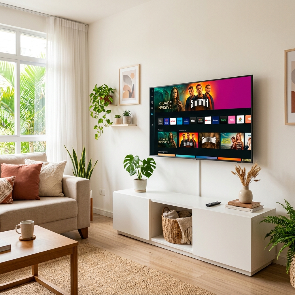 Smart TV 4K em sala de estar brasileira — melhor TV até R$2.000 em 2026
