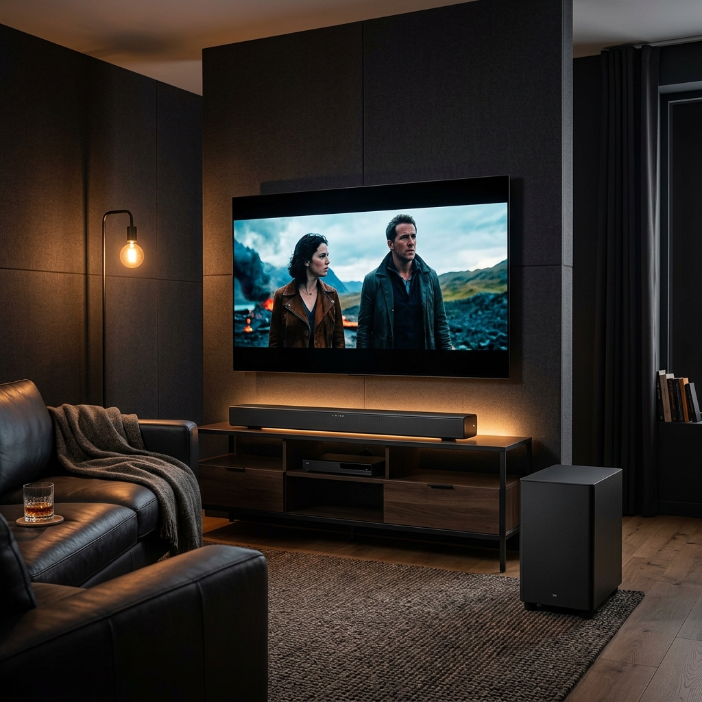 Soundbar premium com subwoofer em sala de home theater — melhores soundbars 2026
