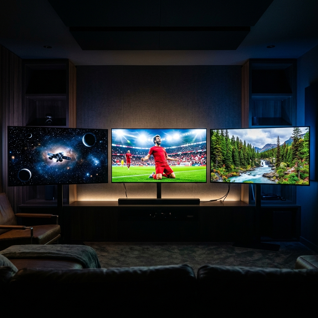 Comparativo QLED vs OLED vs LED — três TVs lado a lado em home theater