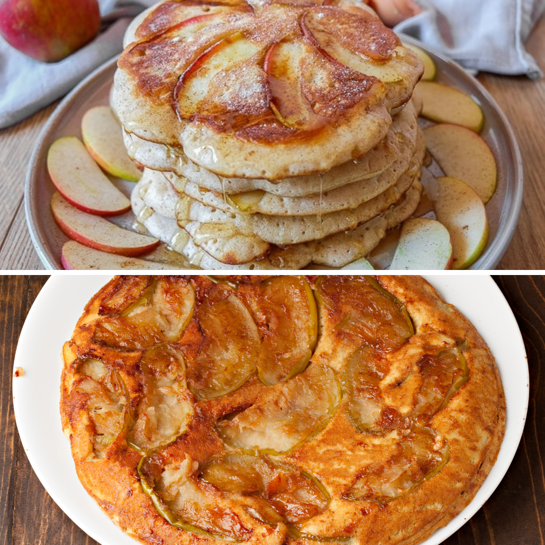 A beautifully presented German Apple Pancake topped with caramelized apples, powdered sugar, and maple syrup