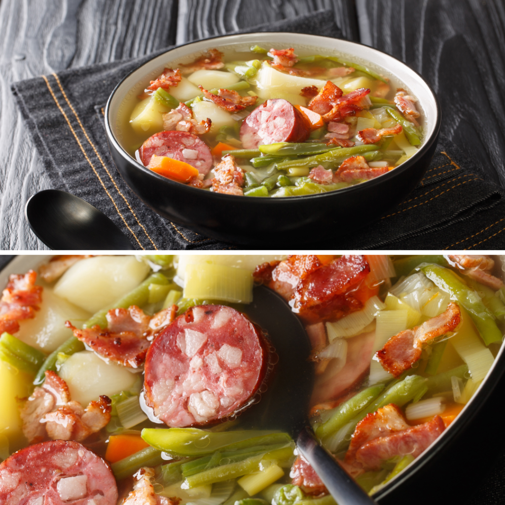 Bouneschlupp in a traditional bowl, featuring green beans, potatoes, carrots, leeks, and smoked sausage, garnished with parsley.