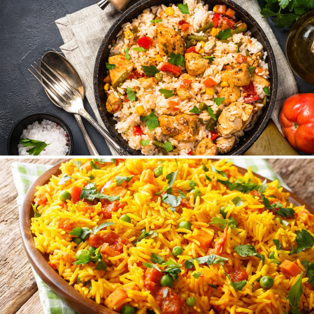 Skillet Turmeric Chicken & Rice with golden-brown chicken and spiced rice, garnished with herbs and lemon.