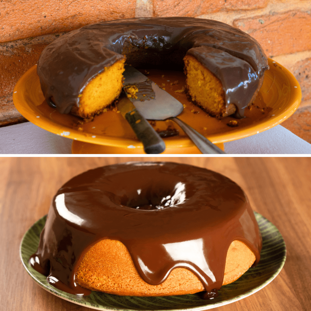 Bolo de cenoura com cobertura de chocolate em uma bandeja, com cenouras frescas ao lado.