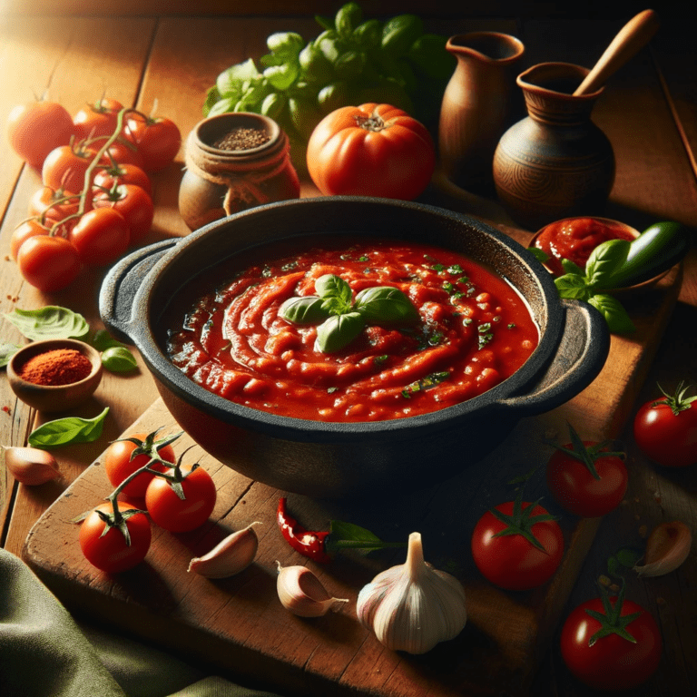 "Molho de tomate 'Sugo' feito em casa, servido em uma panela rústica sobre uma mesa de madeira, com ingredientes frescos como tomates, alho e manjericão ao redor.