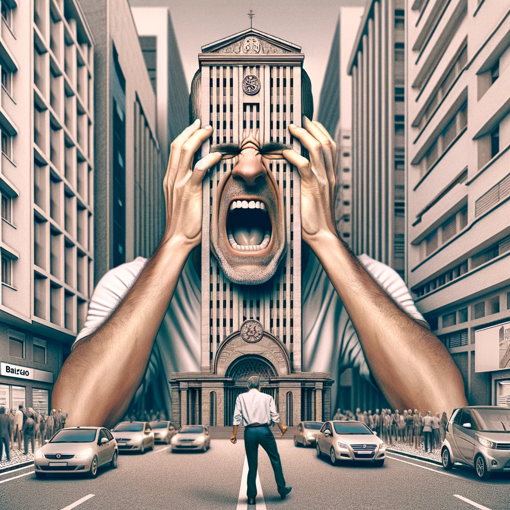 Uma pessoa frustrada em pé sob um grande prédio de banco que simboliza desafios bancários como filas longas ou taxas altas, em um cenário urbano simplificado.