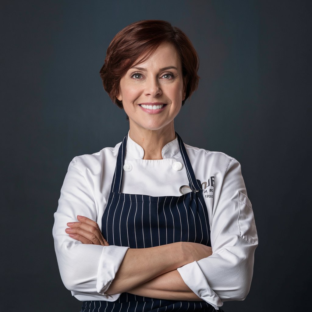 Chef Helena Pires, sorrindo, vestindo um uniforme de chef branco e um avental listrado azul escuro, com os braços cruzados. Fundo neutro.