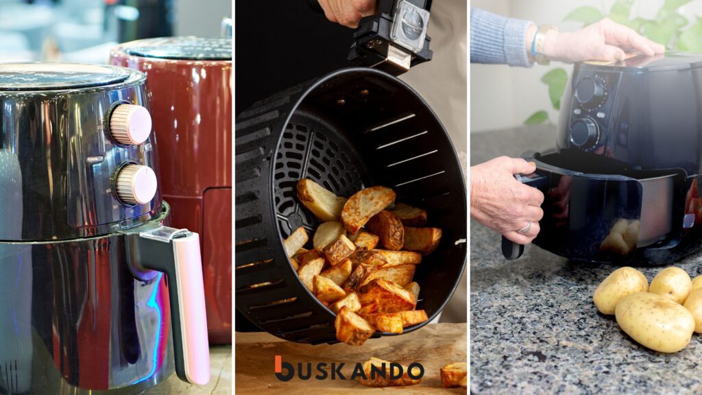 Imagem de três modelos diferentes de air fryers, destacando a preparação de batatas fritas crocantes em um dos modelos.