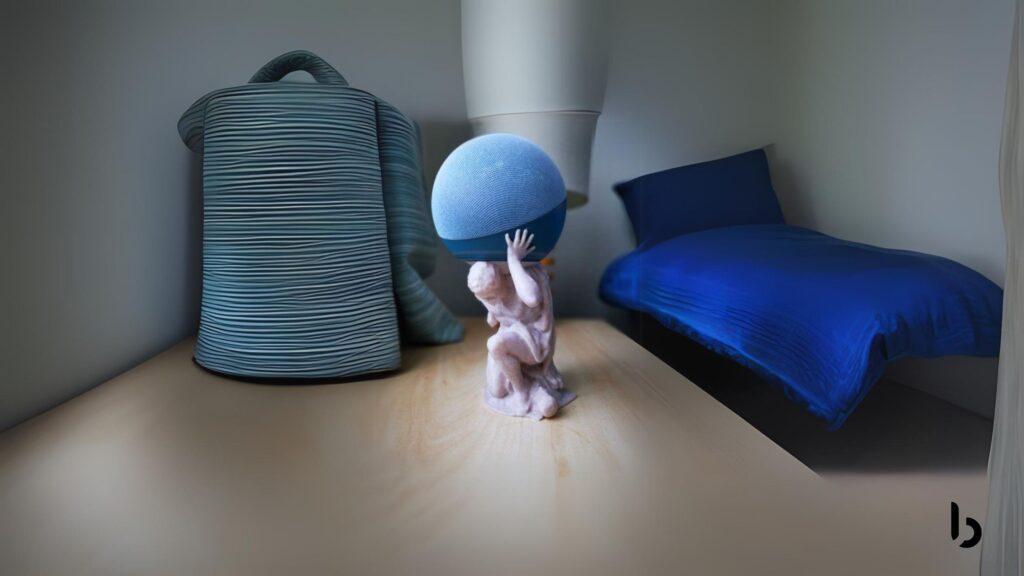 Dispositivo Amazon Echo Dot em cima de uma escultura clássica, em um ambiente moderno com móveis azuis.
