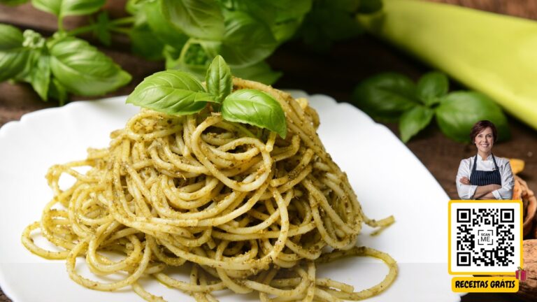Imagem de um prato de macarrão integral com pesto de manjericão, decorado com folhas de manjericão fresco, com um QR code ao lado e uma chef sorrindo. Texto "Receitas Grátis". Chef Helena Receitas Grátis.