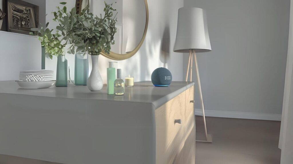 Dispositivo Amazon Echo Dot em uma mesa, destacando seu design compacto e moderno.