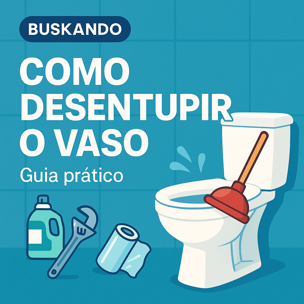 Como desentupir o vaso: ilustração com vaso sanitário e desentupidor em estilo flat, guia prático Buskando
