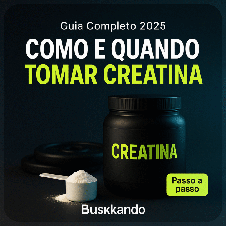 Como e quando tomar creatina – guia completo com pote de creatina, scoop e anilhas ao fundo