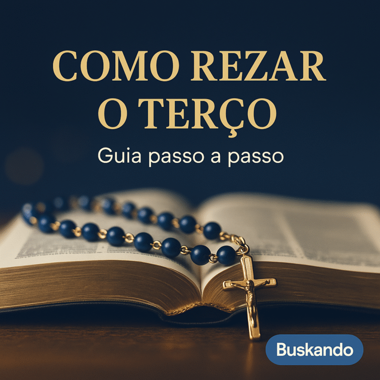 Como rezar o terço: rosário azul com crucifixo dourado sobre Bíblia aberta, fundo azul — guia passo a passo Buskando