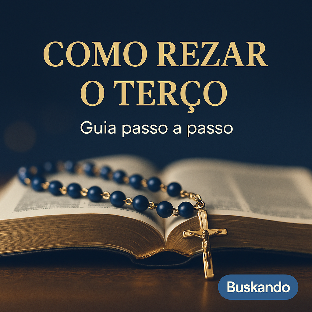 Como rezar o terço: rosário azul com crucifixo dourado sobre Bíblia aberta, fundo azul — guia passo a passo Buskando