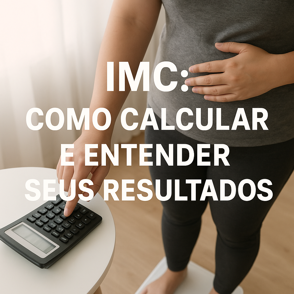 Pessoa se pesando em balança digital enquanto calcula IMC em uma calculadora