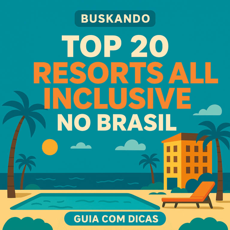Thumbnail 1024x1024 “Top 20 Resorts All Inclusive no Brasil” – cena com piscina, coqueiros, hotel e sol, estilo flat (Buskando)