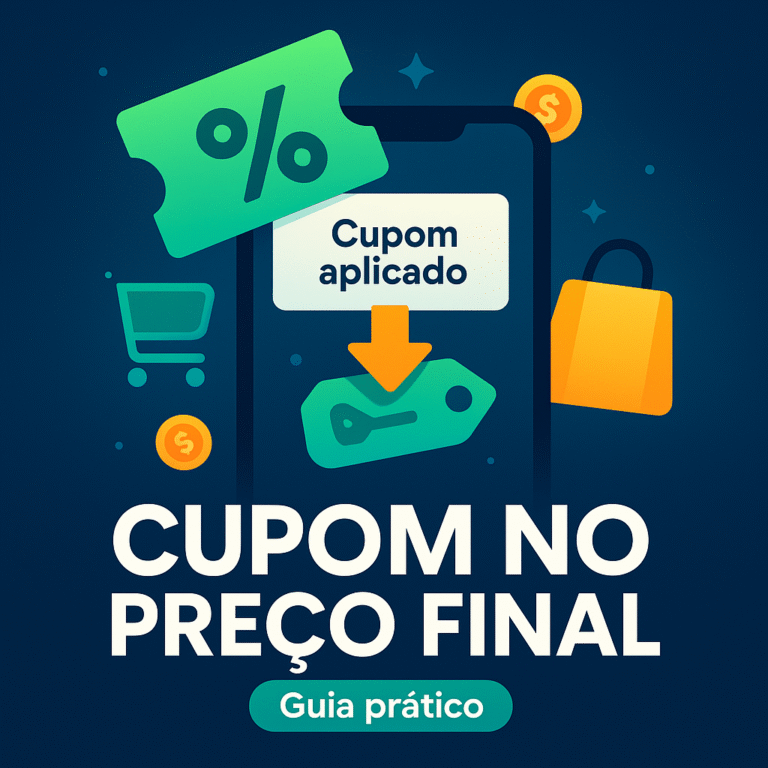 Aplicar cupom de desconto no preço final da compra: smartphone com “cupom aplicado”, cupom verde de %, carrinho e moedas.