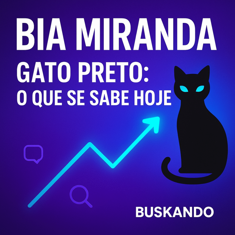 Bia Miranda e o gato preto — thumbnail quadrada com texto “O que se sabe hoje”, silhueta de gato preto e seta de tendência em neon roxo/azul