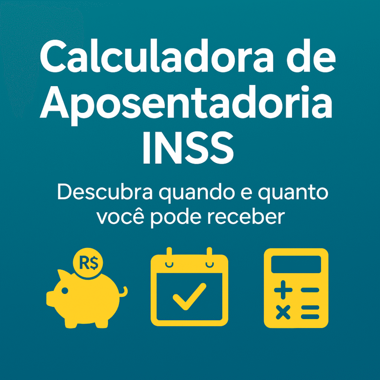 Thumbnail ‘Calculadora de Aposentadoria INSS’ com porquinho, calendário e calculadora; descubra quando e quanto pode receber.