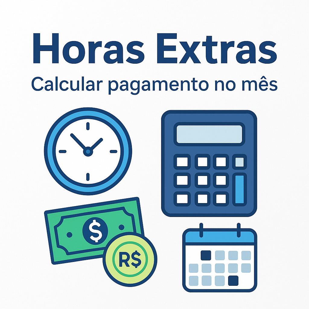 Horas extras: calcular pagamento no mês com relógio, calculadora, dinheiro e calendário