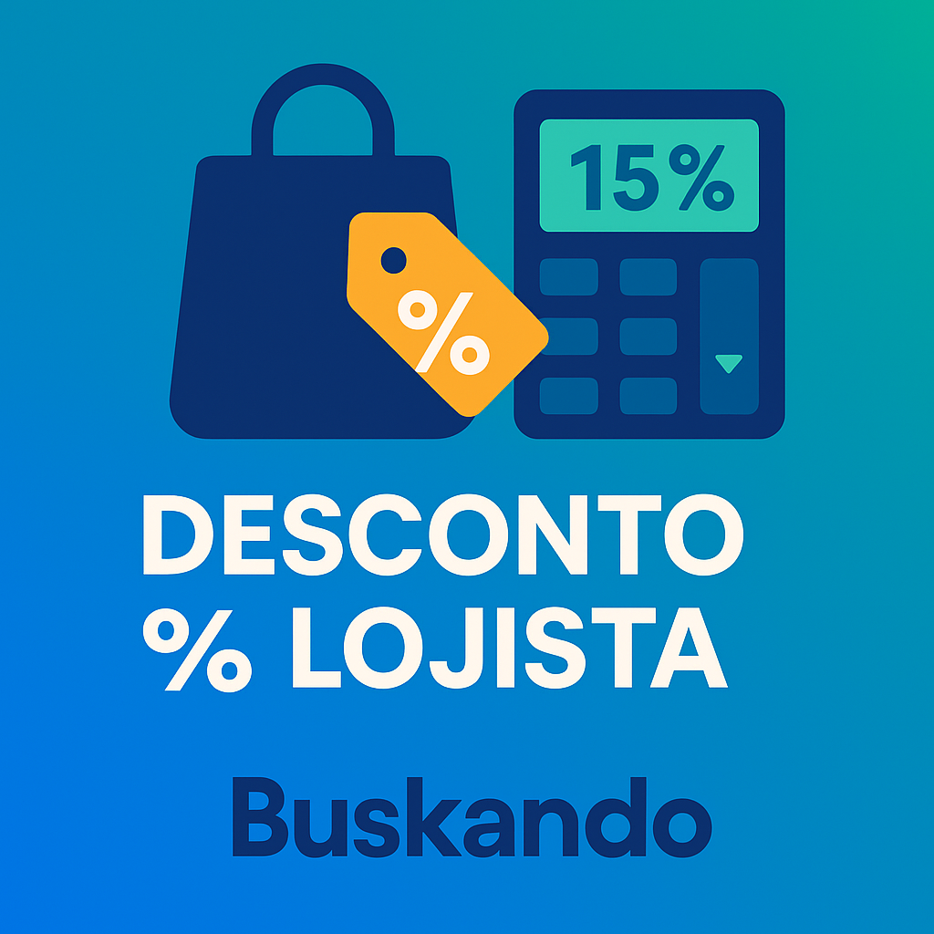 Como calcular porcentagem de desconto para lojistas — sacola com etiqueta de % e calculadora mostrando 15% em fundo azul-verde.