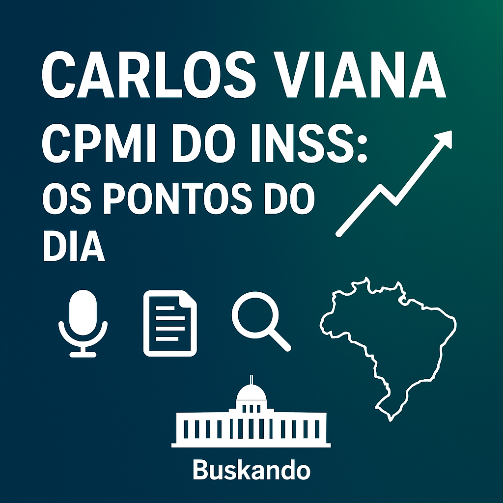 Carlos Viana e a CPMI do INSS — thumbnail quadrada com título “Os pontos do dia”, ícones de microfone, documento, lupa e Congresso sobre fundo azul/verde