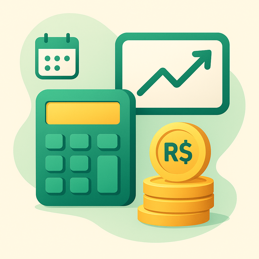 Calculadora, moedas R$, gráfico e calendário simbolizando cálculo de juros compostos em investimento mensal no Brasil