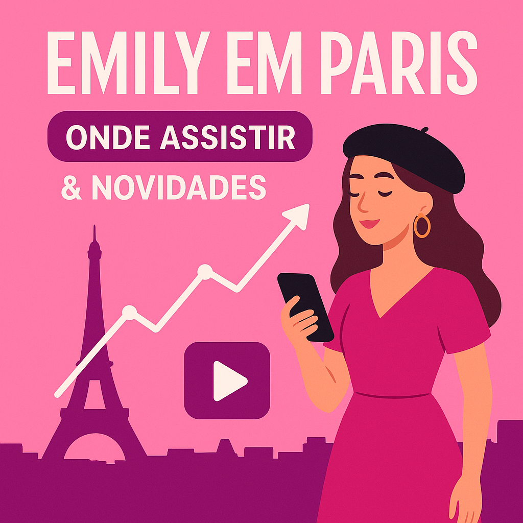 Thumbnail rosa de “Emily em Paris” com gráfico de tendência em alta, Torre Eiffel e chamada “onde assistir & novidades”.