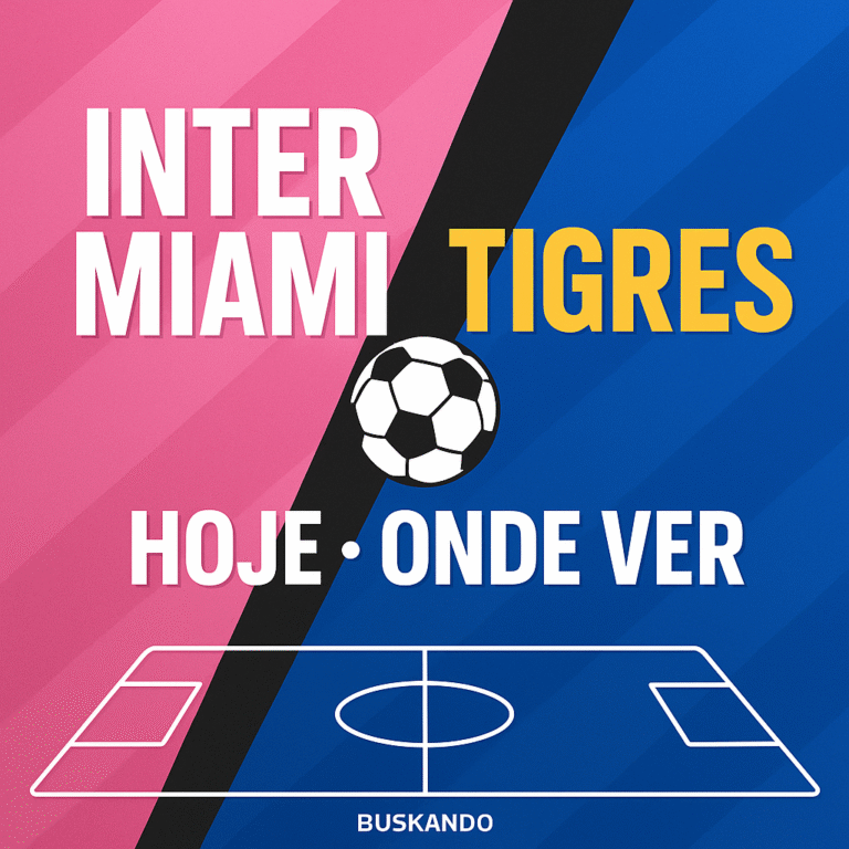 Inter Miami x Tigres — “HOJE • ONDE VER”, fundo dividido nas cores dos clubes, bola central e campo minimalista