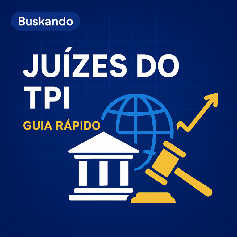 Juízes do TPI – guia rápido com ícones de tribunal, globo e martelo do juiz em fundo azul