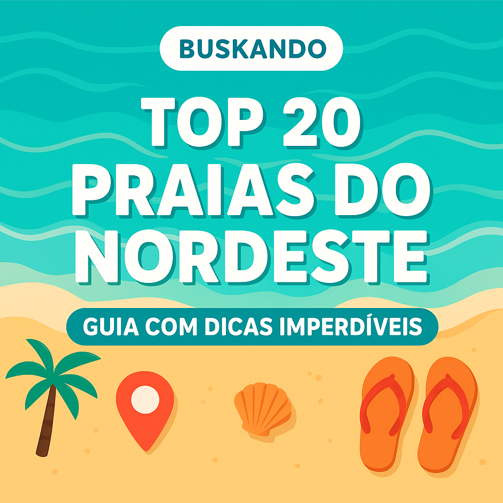 Thumbnail “Top 20 praias do Nordeste” – guia com dicas, mar turquesa, areia dourada e ícones de viagem (Buskando)