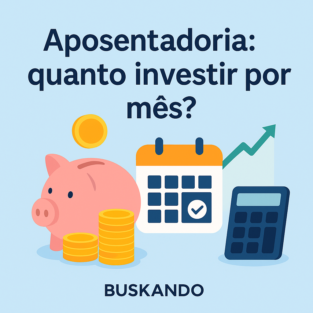 Planejar aposentadoria com contribuição mensal — cofrinho, calendário e gráfico simbolizando aportes e juros compostos