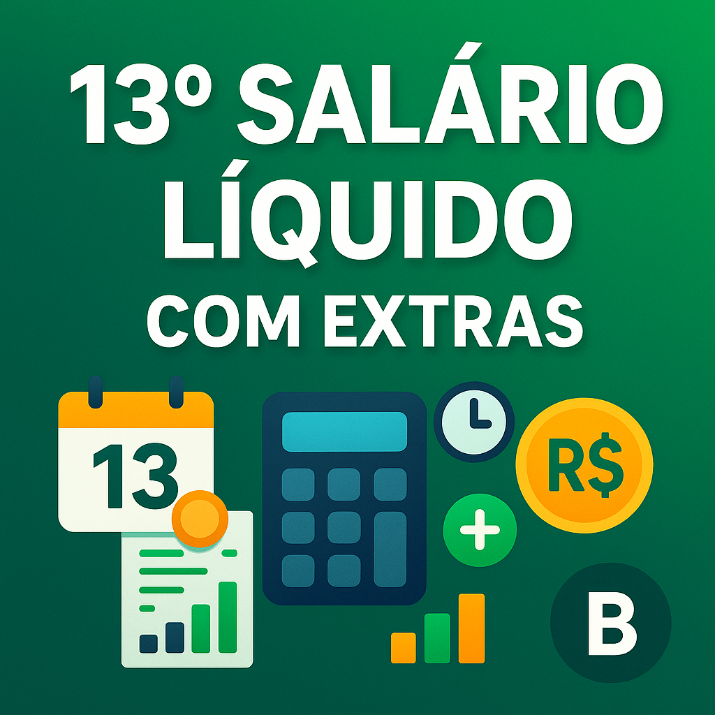 Thumbnail verde com “13º salário líquido com extras”, ícones de calendário 13, calculadora e moeda; simulação do 13º