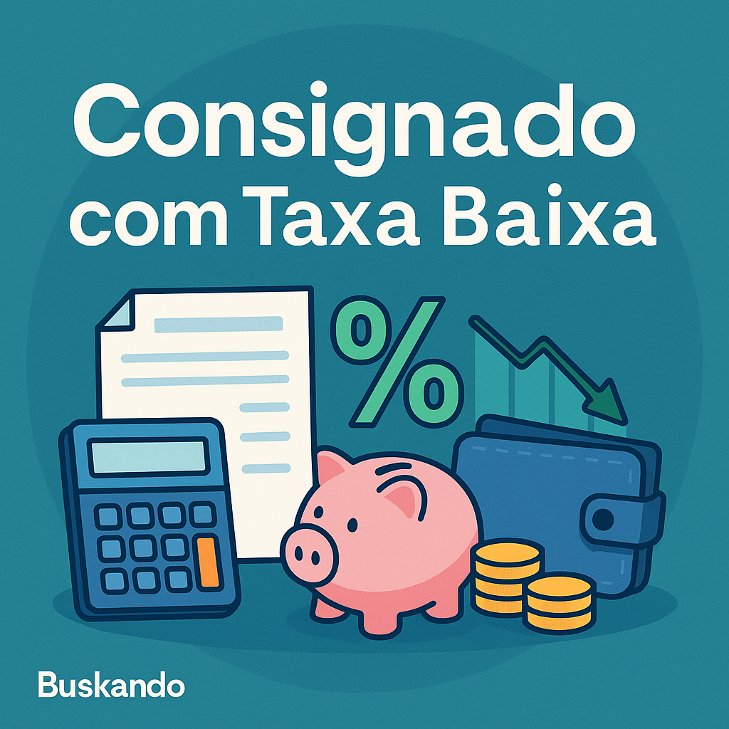 Consignado com taxa baixa: ícones de calculadora, porquinho e carteira; simular empréstimo consignado – Buskando