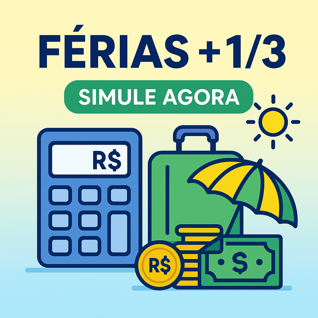Simular valor de férias com adicional de um terço: calculadora, mala, moedas e guarda-sol (thumbnail Buskando)