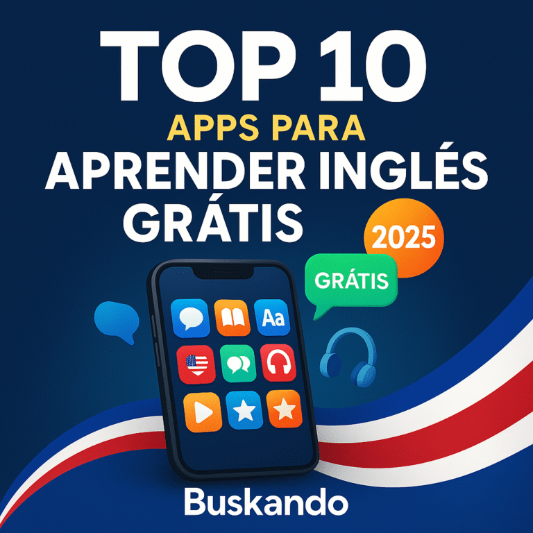 Top 10 apps para aprender inglês grátis em 2025 — smartphone com ícones de aplicativos, selo “2025” e balão “GRÁTIS”, marca Buskando