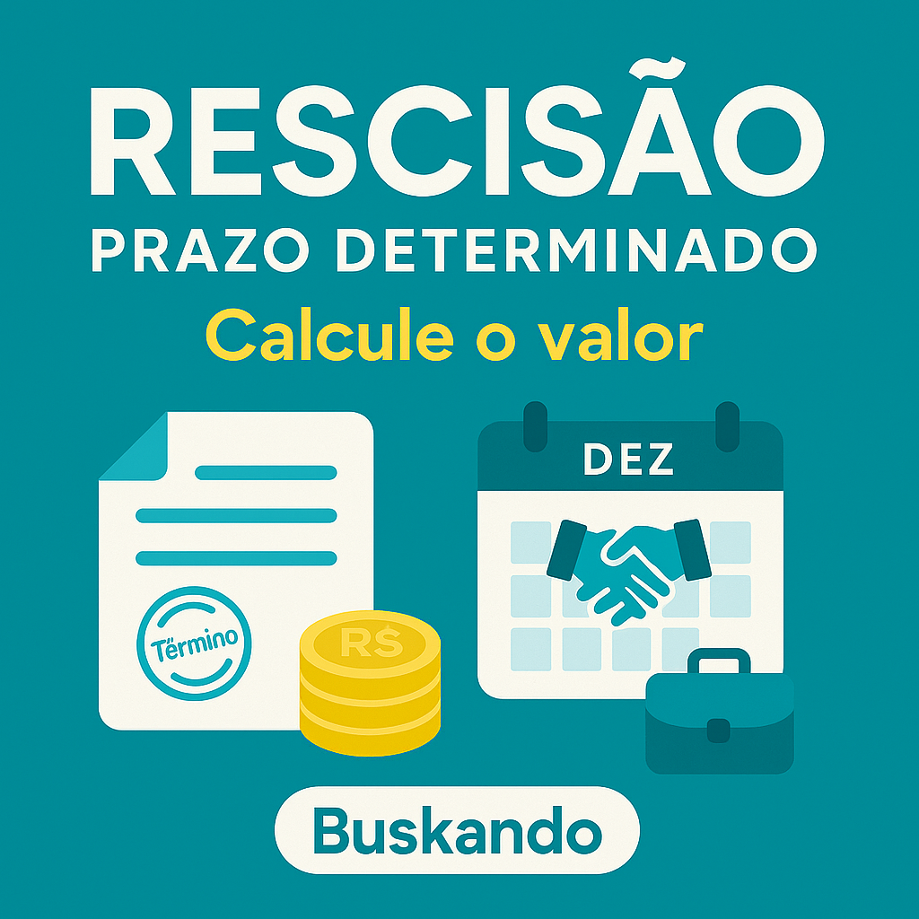 Calcular rescisão por prazo determinado: arte em teal com “Rescisão — Prazo Determinado: Calcule o valor”, ícones de documento, calendário Dez, moedas e pasta, marca Buskando.