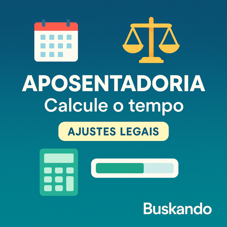 Aposentadoria: ilustração com calendário, balança da Justiça e calculadora; “calcule o tempo com ajustes legais” — Buskando