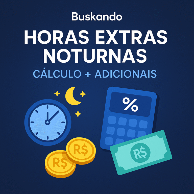 Ilustração: horas extras noturnas — cálculo e adicionais; relógio, calculadora, moedas e cédula sobre fundo azul, marca Buskando.