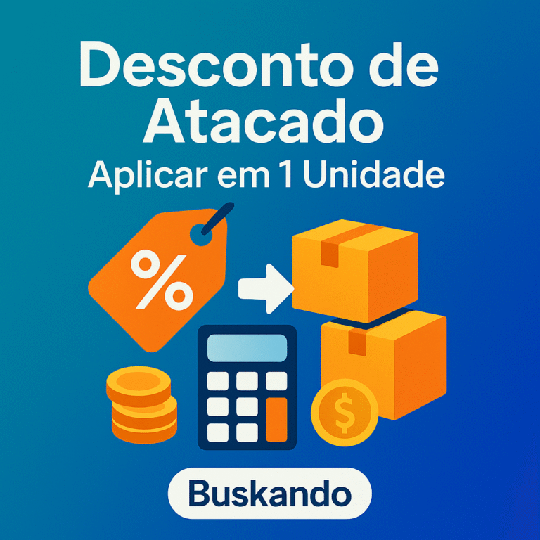 Desconto de atacado: aplicar em produto unitário — etiqueta % laranja, caixas, calculadora e moedas — thumbnail Buskando