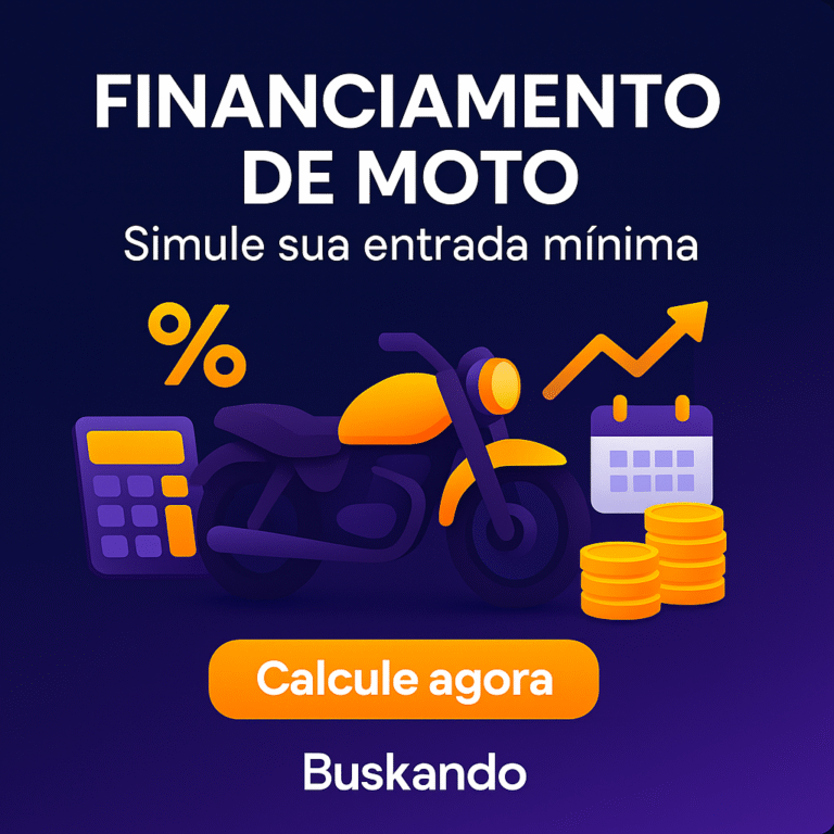 Ilustração com motocicleta laranja, calculadora, moedas, calendário e seta de crescimento em fundo azul-roxo, representando simulação de financiamento de moto e entrada mínima no Buskando.