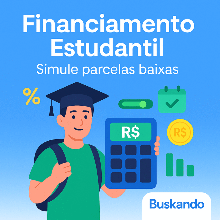 Financiamento estudantil: estudante segurando calculadora com ícones de juros e calendário; simule parcelas baixas – Buskando