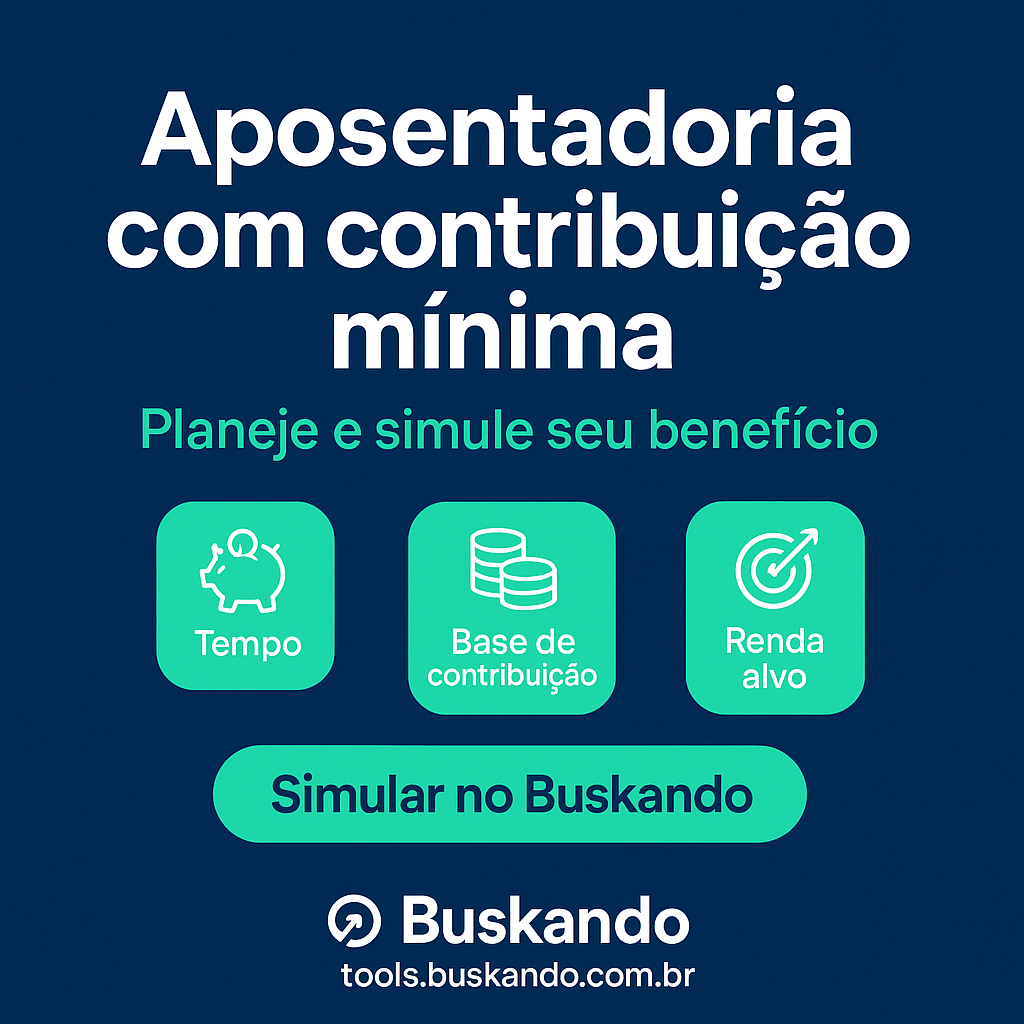 Thumbnail “Aposentadoria com contribuição mínima” com ícones de tempo, base de contribuição e renda-alvo e CTA “Simular no Buskando”