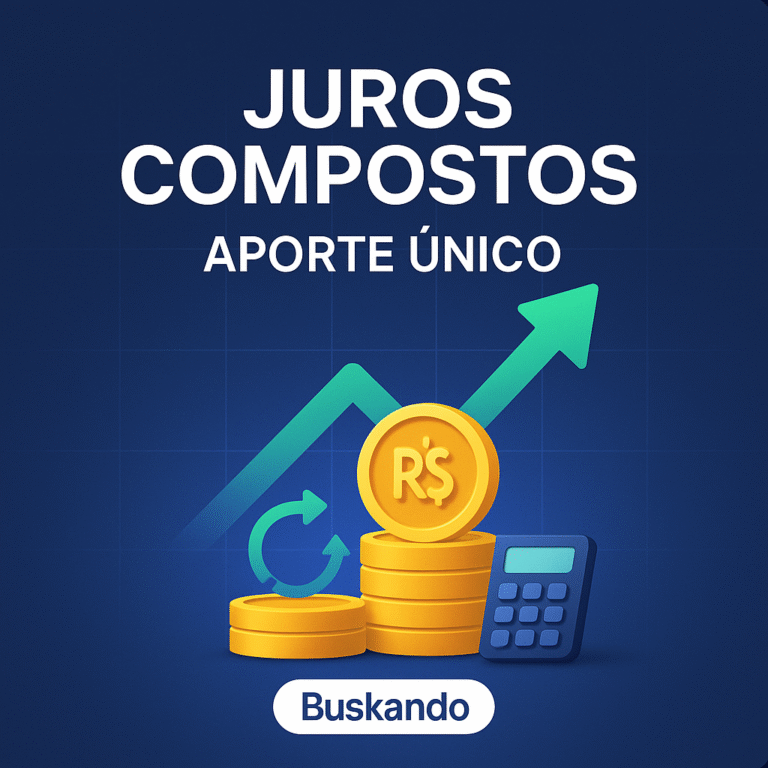 Juros compostos com aporte único: gráfico de crescimento com moedas, seta em alta e calculadora — Buskando